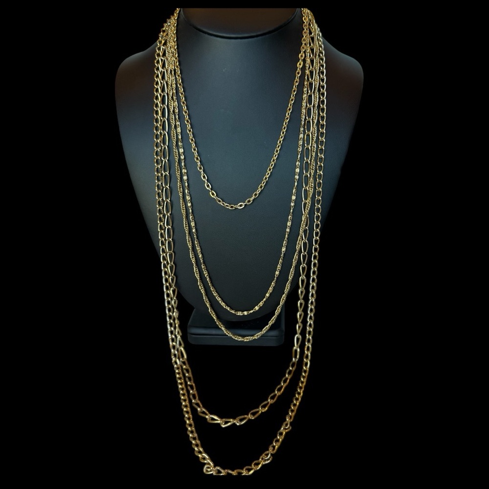 Vintage 5 Layered Gold Tone Chain Necklace Long Length Box Closure